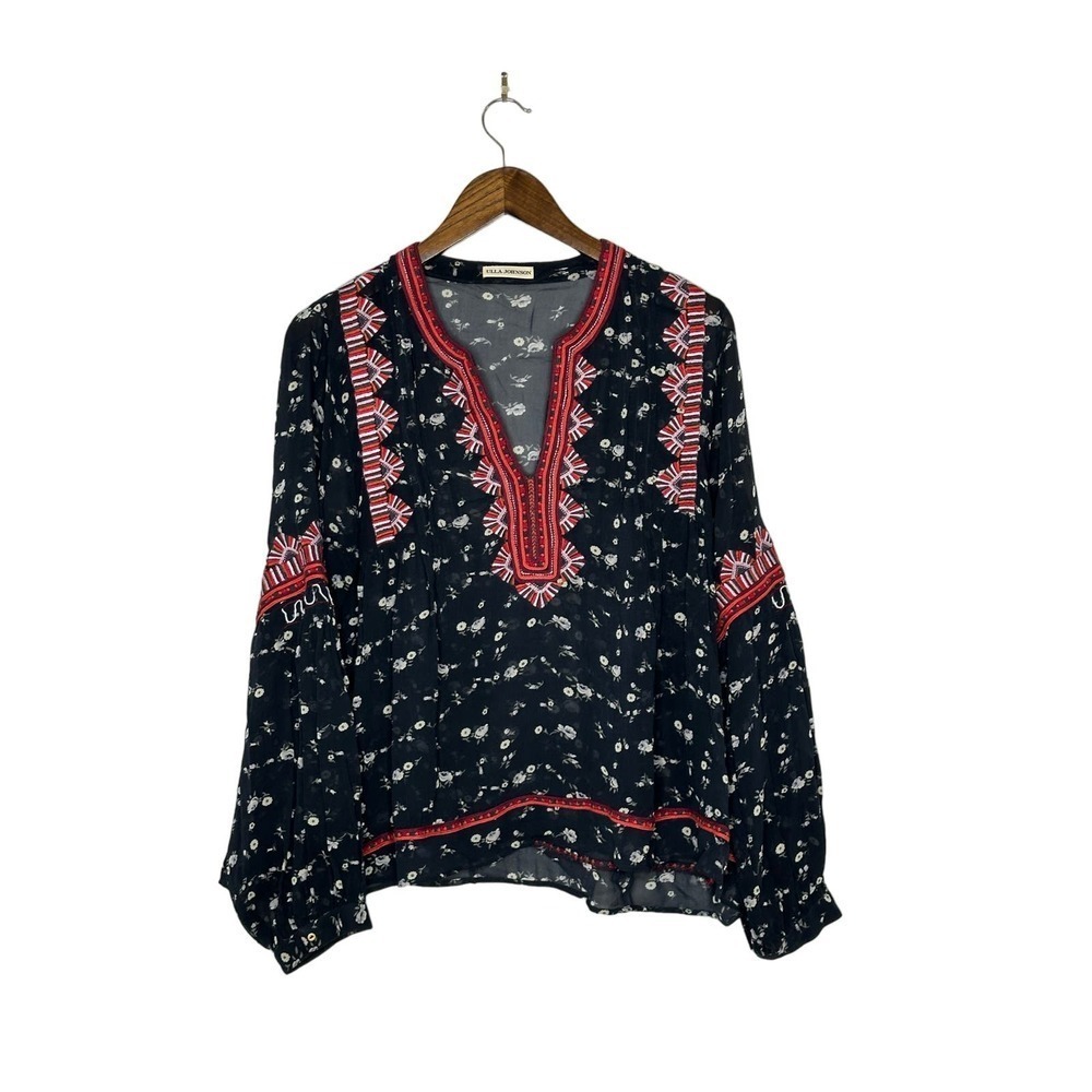 Ulla Johnson Size 8 Lida 100% Silk Embroidered Blouse in Navy and Maroon
